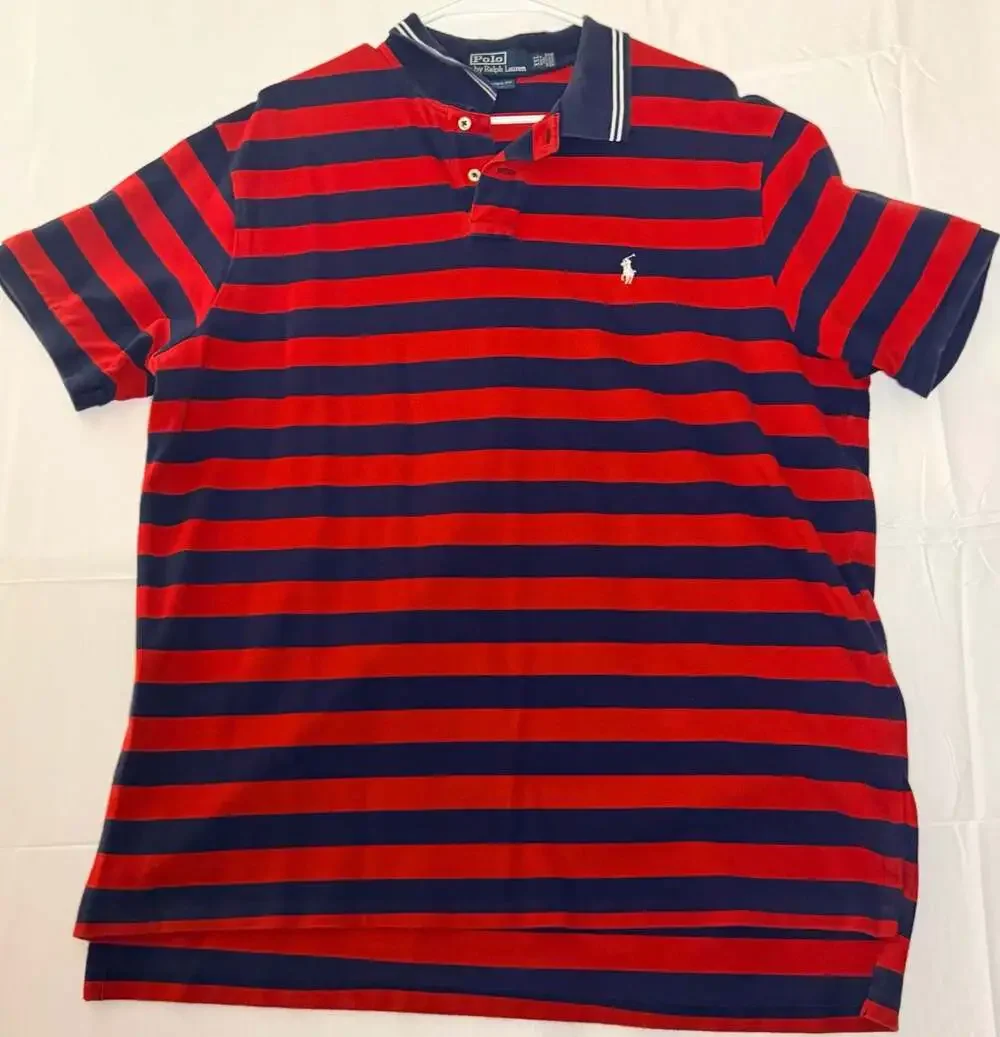 Polo by Ralph Lauren Men's Red and Navy Blue Striped Custom Fit Polo Shirt XXL
